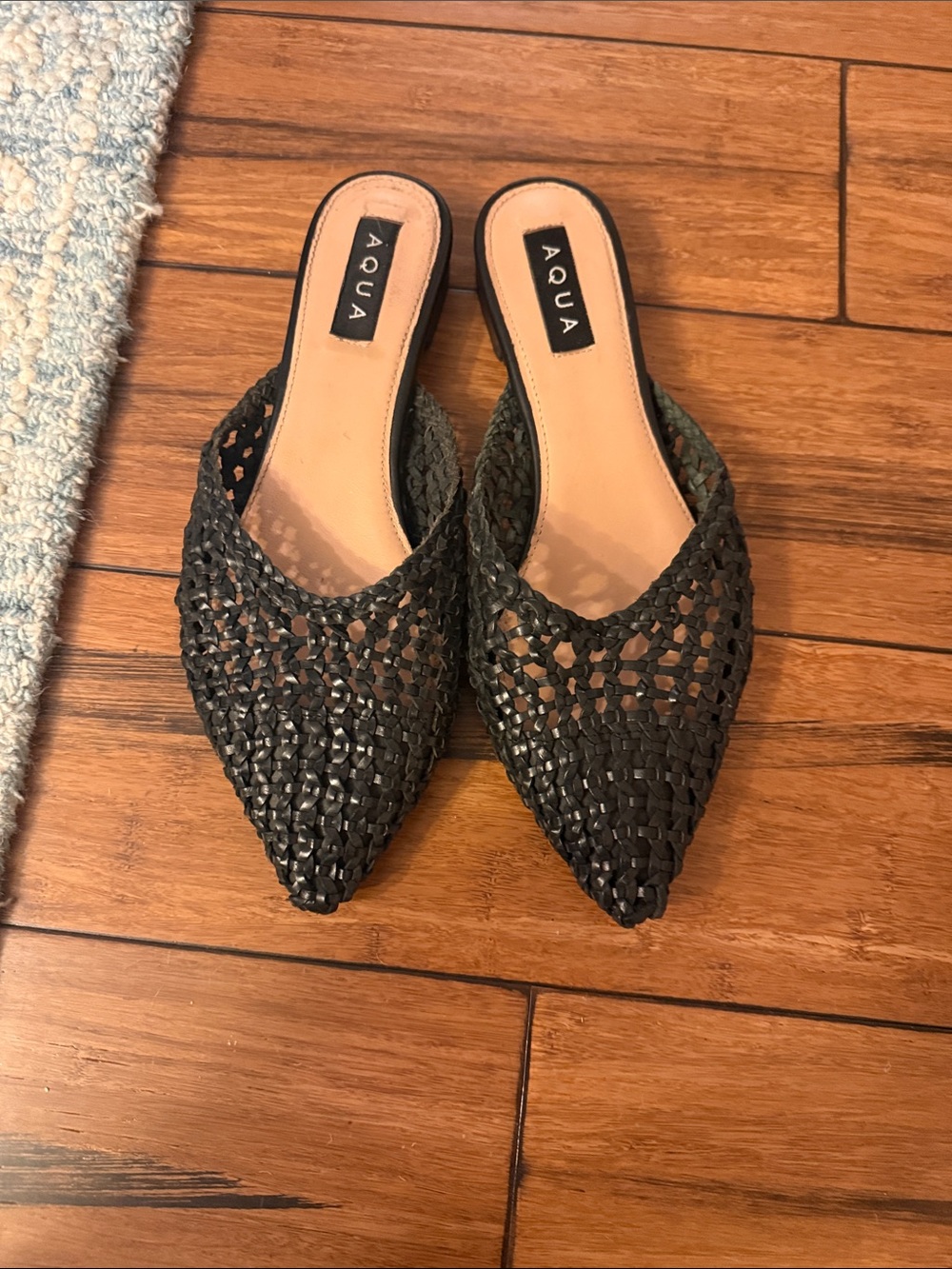 Aqua Black Woven Pointed Mule Slides